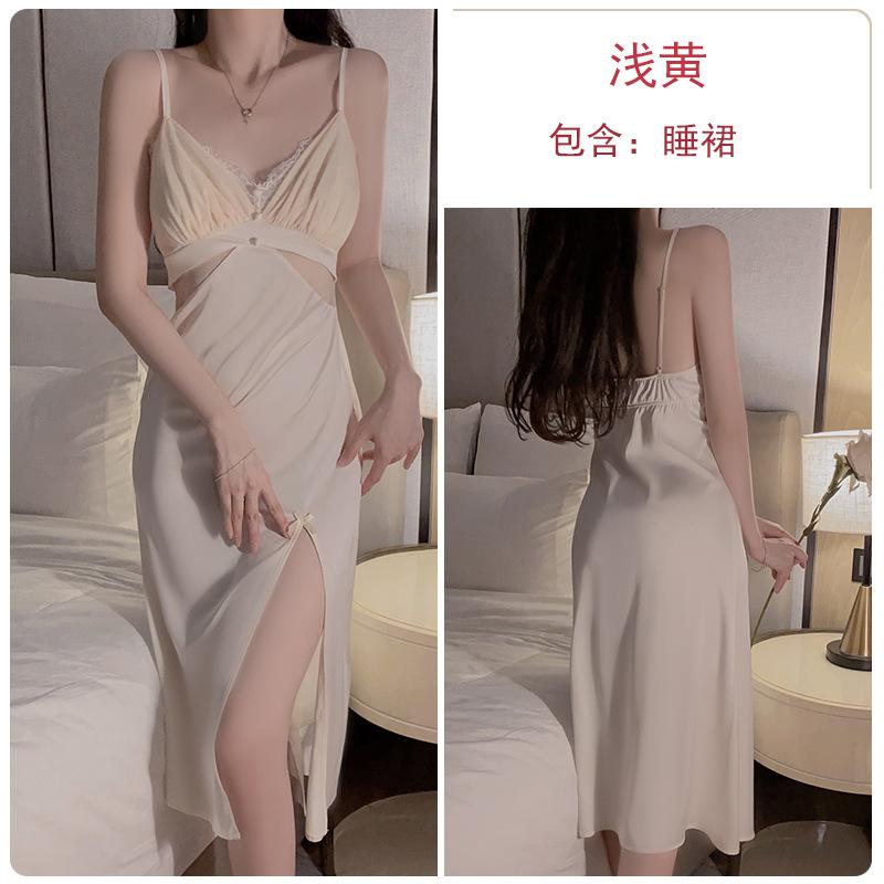 Women's Satin Lace Padded Slit Long Slim Sleep Dress Lounge Wear