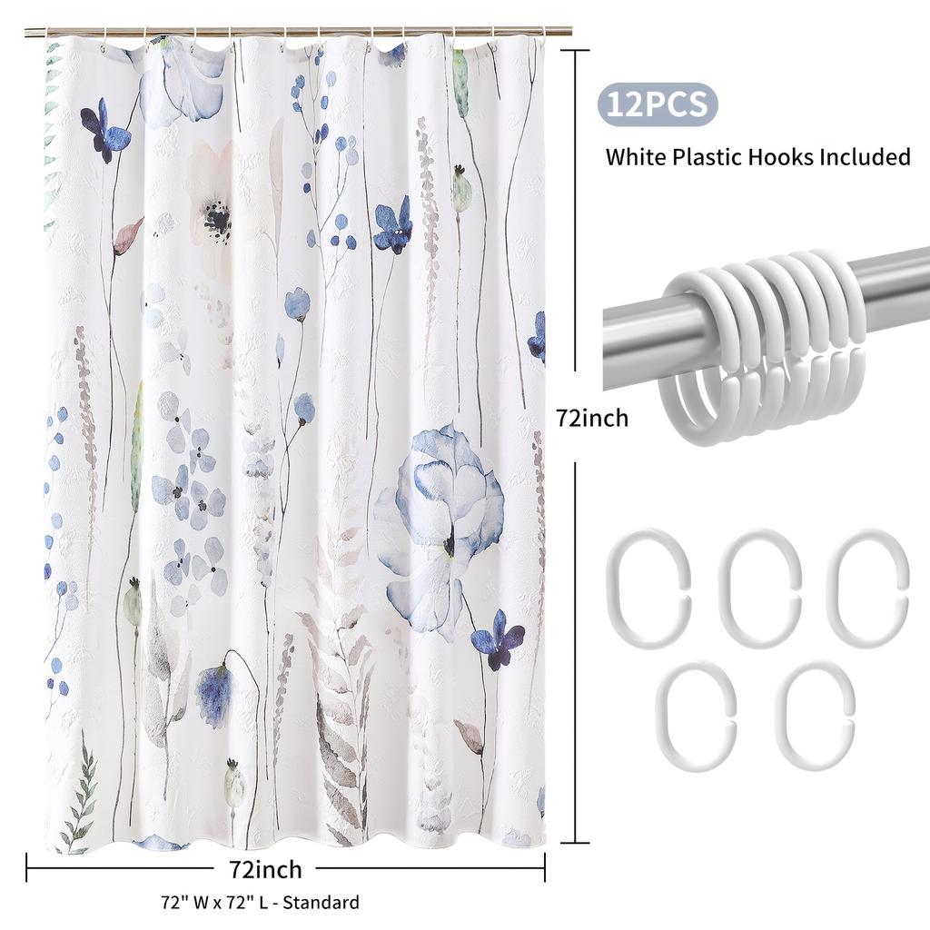 Embossed Butterflies & Watercolor Wildflowers Shower Curtain - Minimalist White, Waterproof Fabric, Textured Design With Hooks