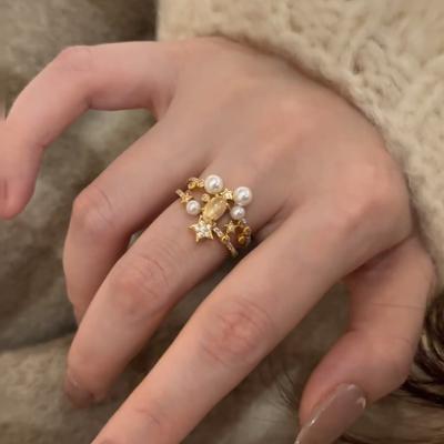 High-End Star Pearl Opal Double-Layer Open Ring Women'S Light Luxury Niche Fashion Versatile Ring Ring