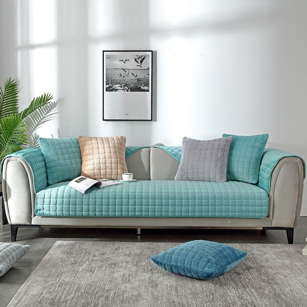 Super Soft Flannel Non-Slip Thickened Sofa Cushion Modern Simple Plaid Plush Cover Towel