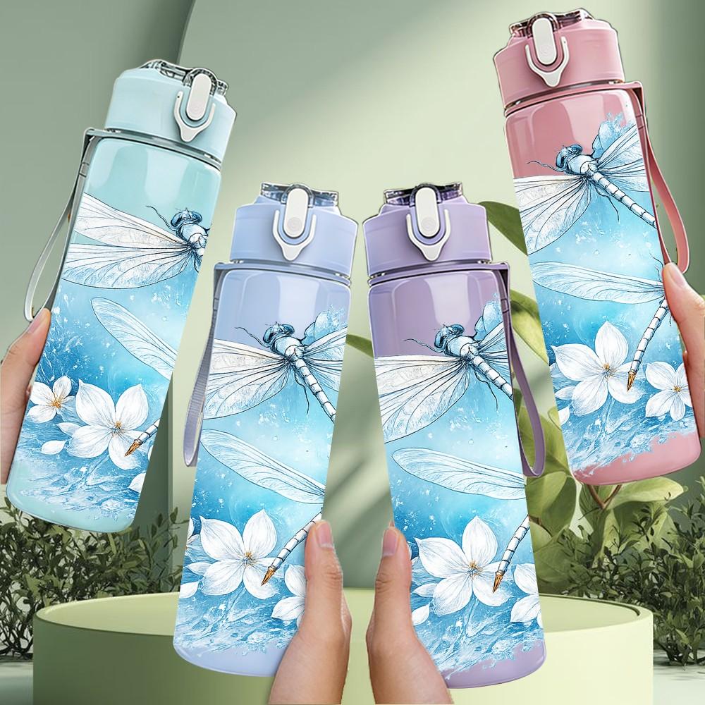 1PC Blue Dragonfly Flower Art Print 750ml Color Plastic Sports Water Bottle Leakproof Flip Straw Lid Suitable for Sports Office Home Use
