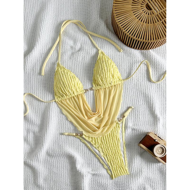 Сексуальный Желтый Микро Бикини Женский Сетчатый С Вырезами Воланы Push-Up Бюстгальтер Слипы Купальник Пляжный Костюм Праздничный Купальник Бикини S жёлтый