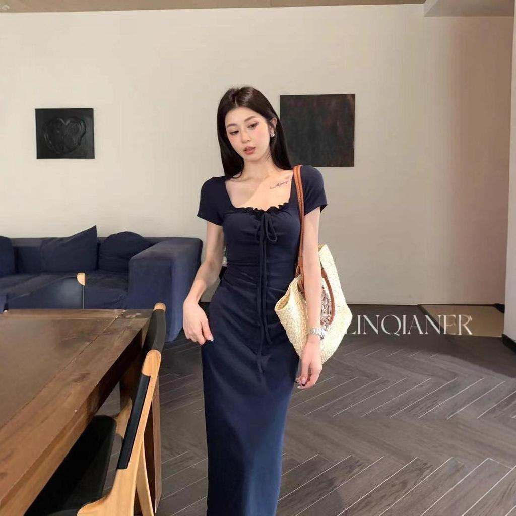 Female Summer Small Hot Girl Slim Waist Slim Dark Blue Dress Pure Desire Little Mother Wind Hip Fish Tail Dress