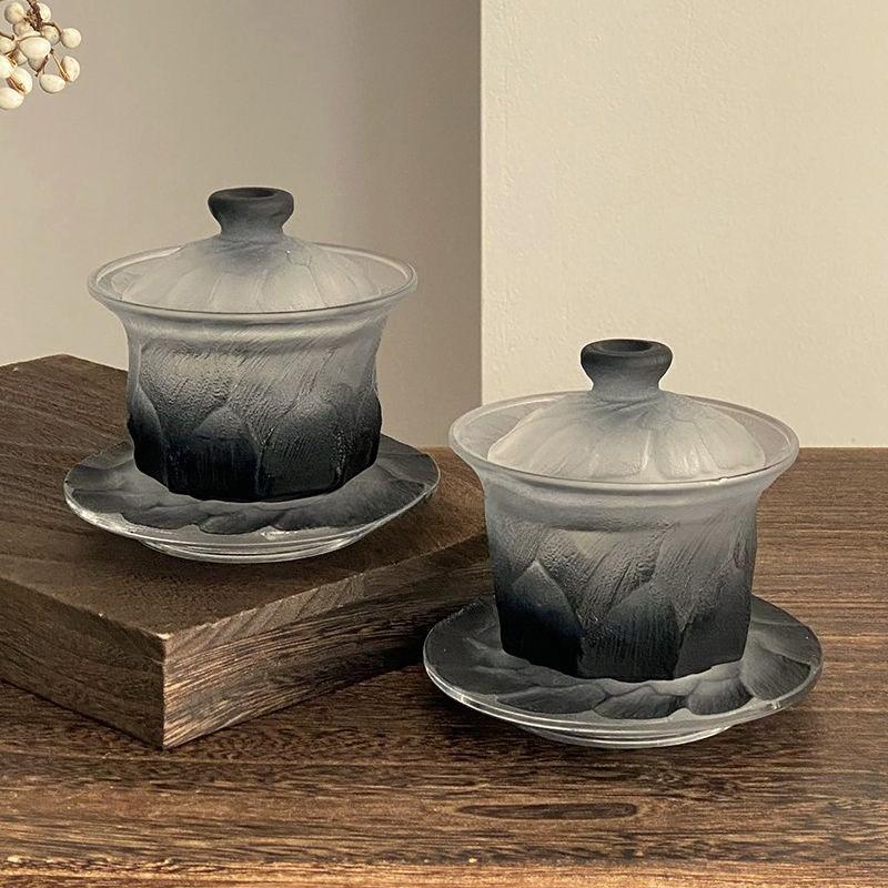 Retro Gradual Change Black Black Black Ice Glass Cover Bowl Home Niche High-end Sense Tea Cup Set Not Hot Kung Fu Tea Cup