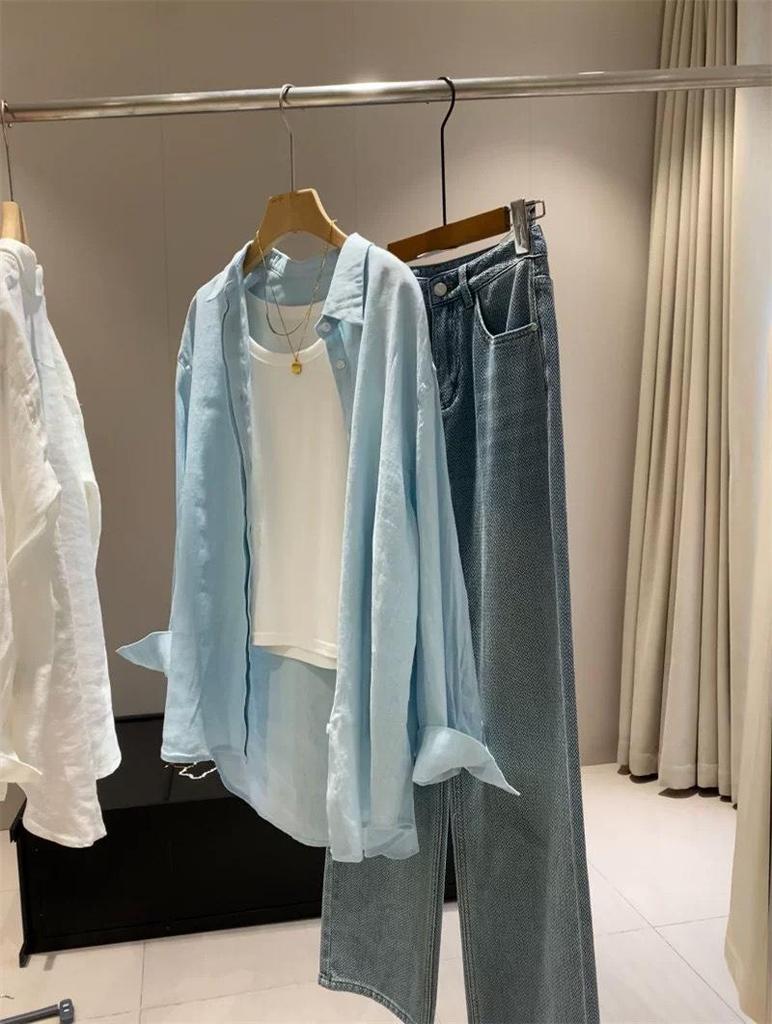 Hochwertiges Französisches Weißes Baumwoll-Leinenhemd für Damen – Sommer Lockerer Schnitt, Langarm, Sonnenschutz, Old Money Stil.