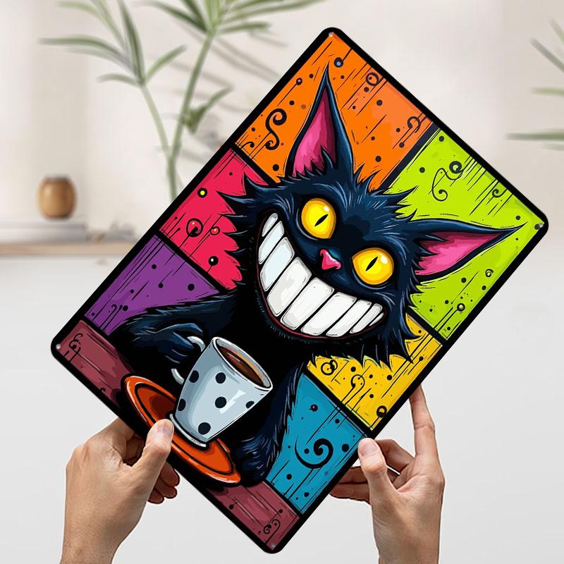 Grinning Cat With Coffee Cup Poster Customized Wall Art Vintage Metal Signs Retro Tin Plaque for Man Cave Luxury Home Decor Room