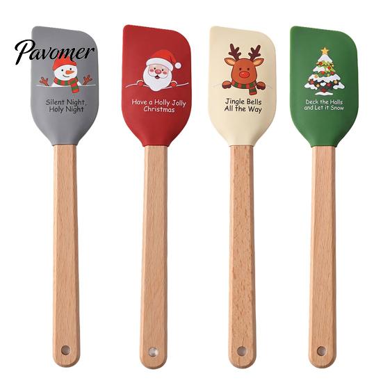 Decorative Holiday Baking Utensils Silicone Spatula with Wooden Handle, Christmas Tree/Snowman/Santa Claus/Elk Pattern for Decor, Heat Resistant