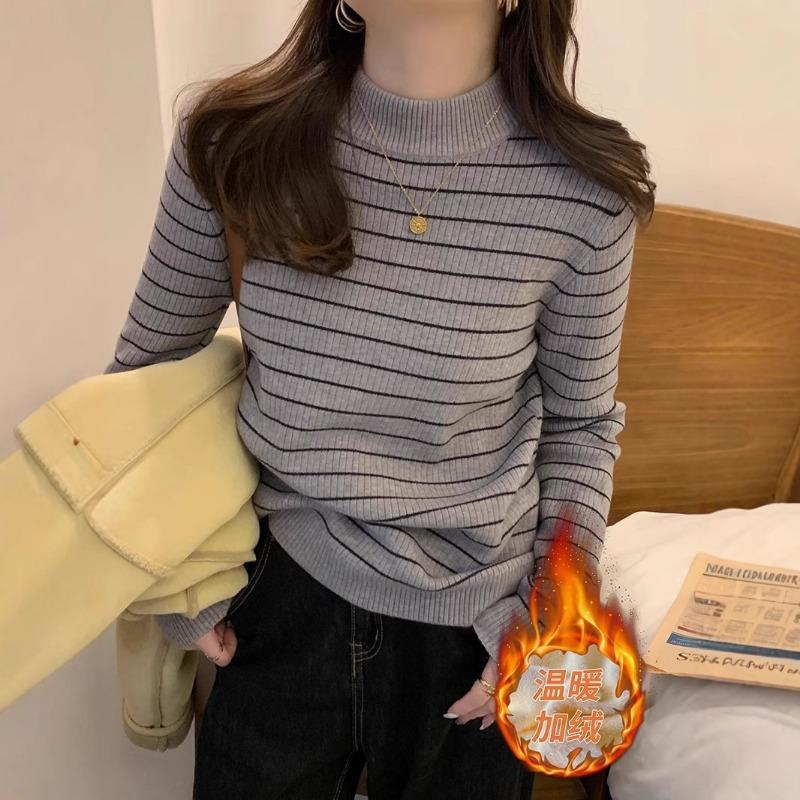 Semi-turtleneck striped color matching integrated fleece plush thick sweater for women's autumn and winter new bottoming knitted sweater for women
