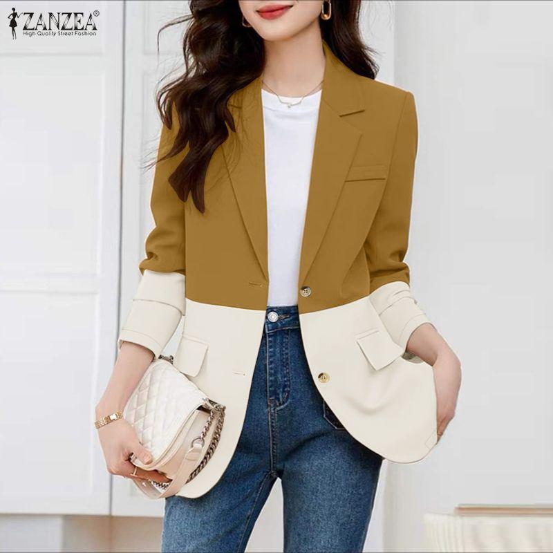 ZANZEA Women Casual Turn Down Collar Long Sleeve Patchwork Thin Cardigan Blouse