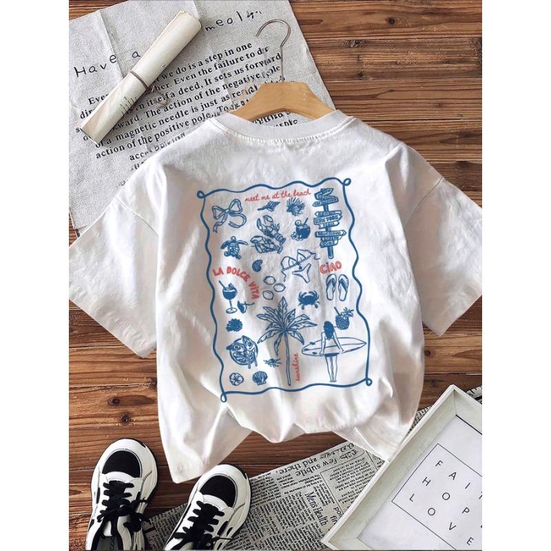 Palm Tree Folding Sun Pattern Summer Boy and Girl Casual Round Neck Short Sleeved T-shirt