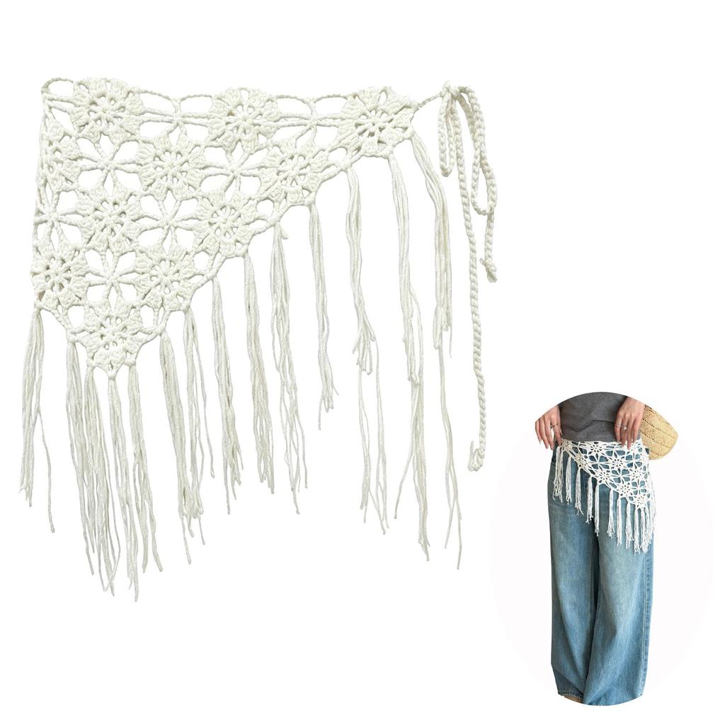 Bohemian Crochet Tassel Waist Scarf Adjustable Fringe Layering Accessory for Women