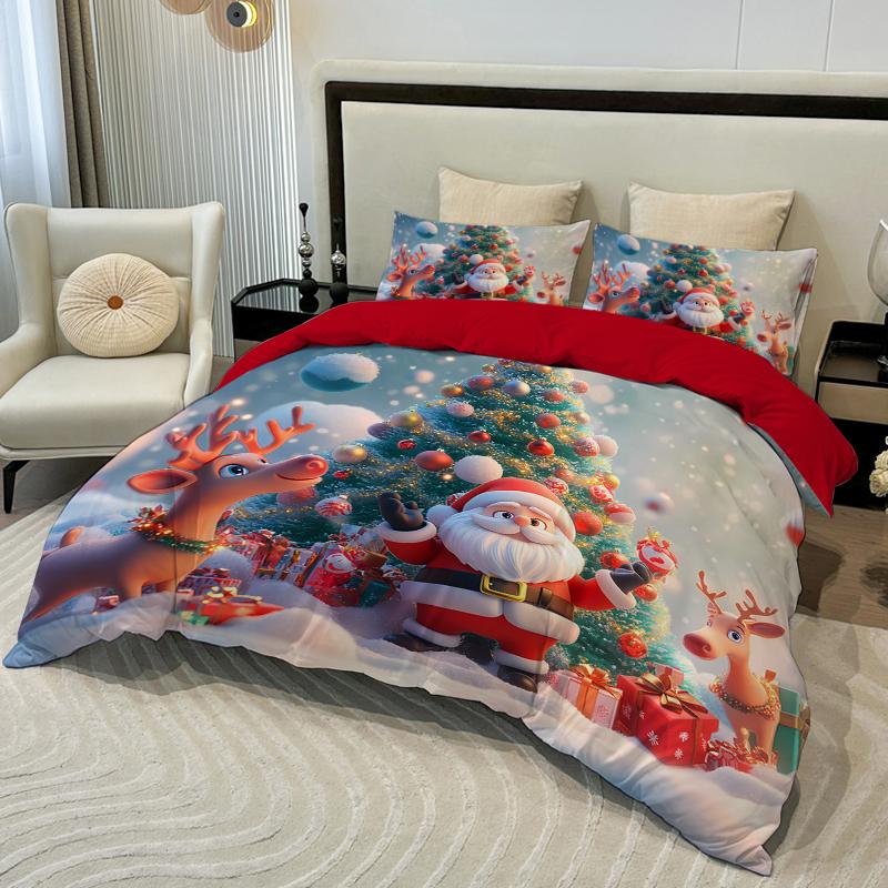 3PC Cartoon Christmas Duvet Cover Kawaii Elk Interesting Old Man Bedding Set (1Duvet Cover &2Pillowcases) No Filler/core