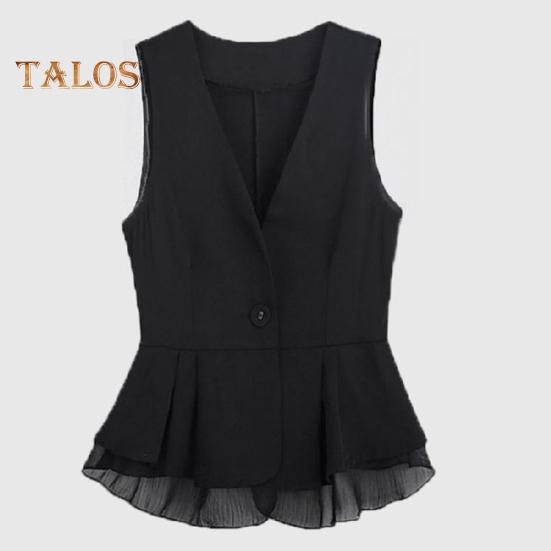 Lady Women Vest Coat Single Button Closure Sleeveless Pleated Ruffle Mesh Patchwork Slim Fit Suit Coat Solid Color Casual Daily Wear Waistcoat