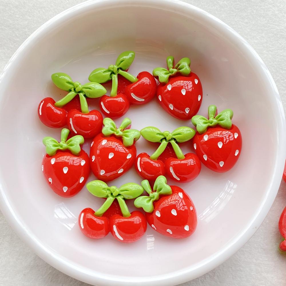 10Pcs New Cute Resin Red Cherries, Strawberries Flat Back Fit Phone Deco Parts Embellishments For Hair Bows Accessories