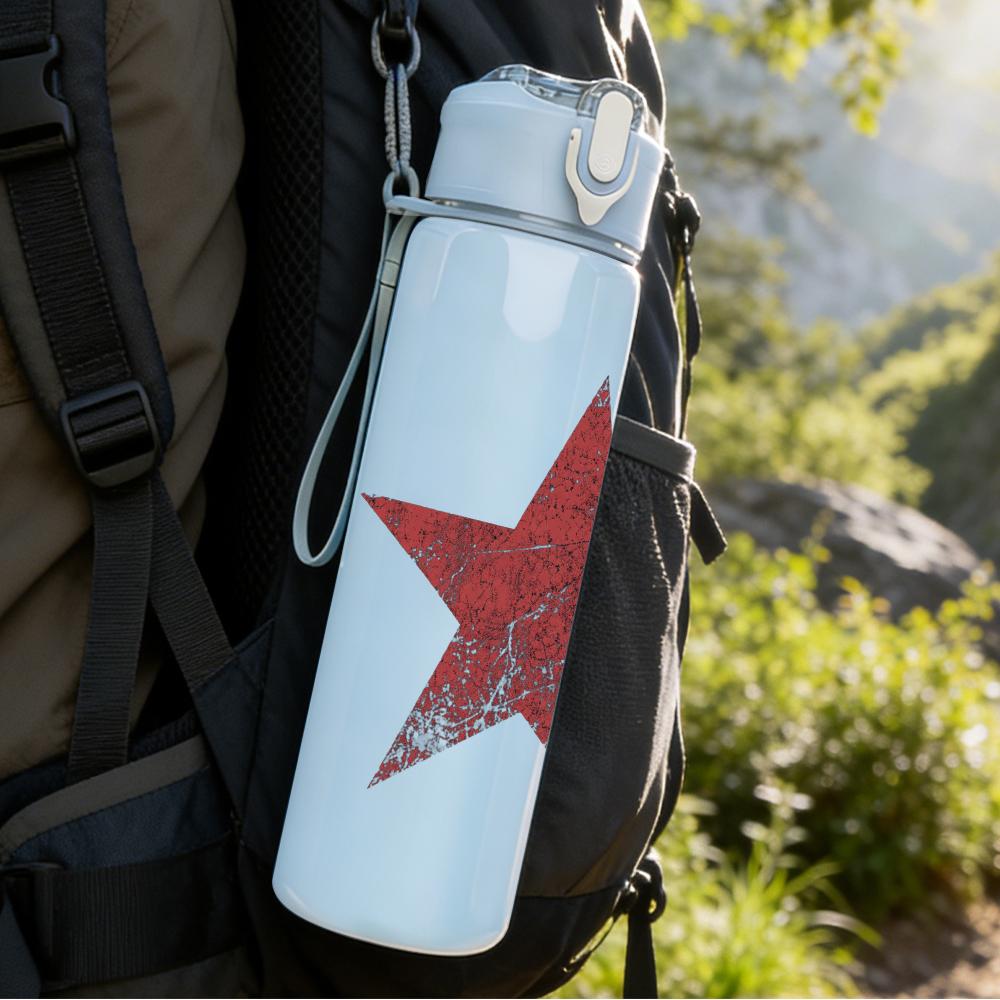 1PC Red five point star minimal print 750ml colorful plastic sports water bottle leakproof pop up lid with straw for outdoor work home use
