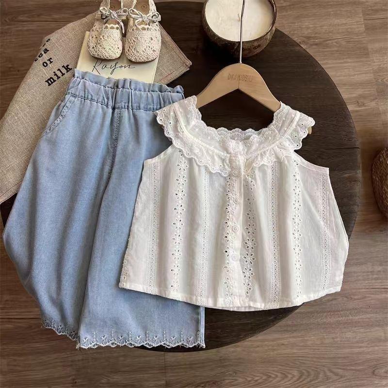 Girls Summer Lace Trim Camisole with High Waist Denim Wide Leg Pants Set 100 белый