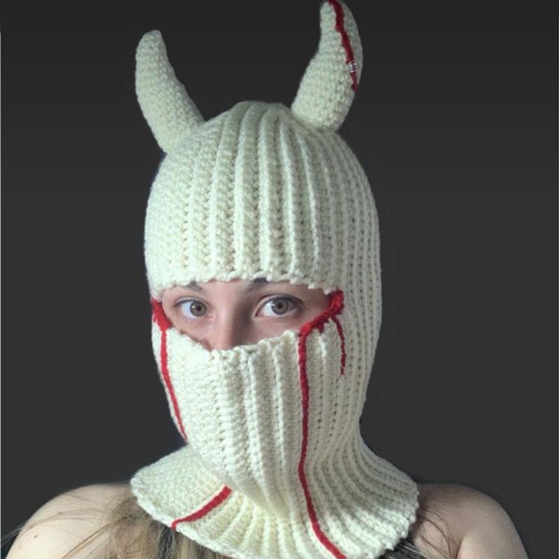Y2K Style Crochet Halloween Party Cow Horn Parent-Child Ski Mask Hat