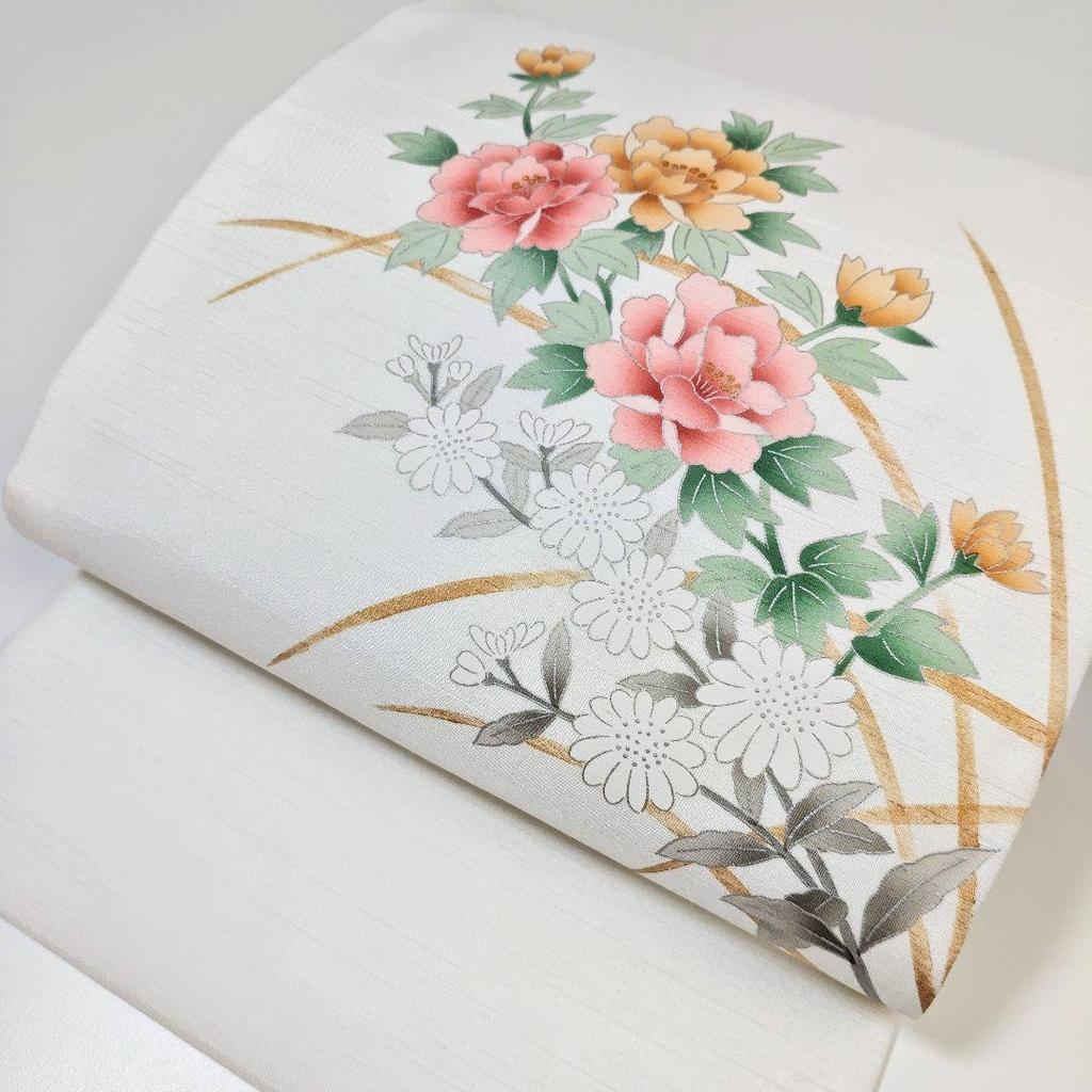 Used H-910 Nagoya obi Made in Nagoya, synthetic fiber, 9 dimensions, peony, chrysanthemum, flower pattern