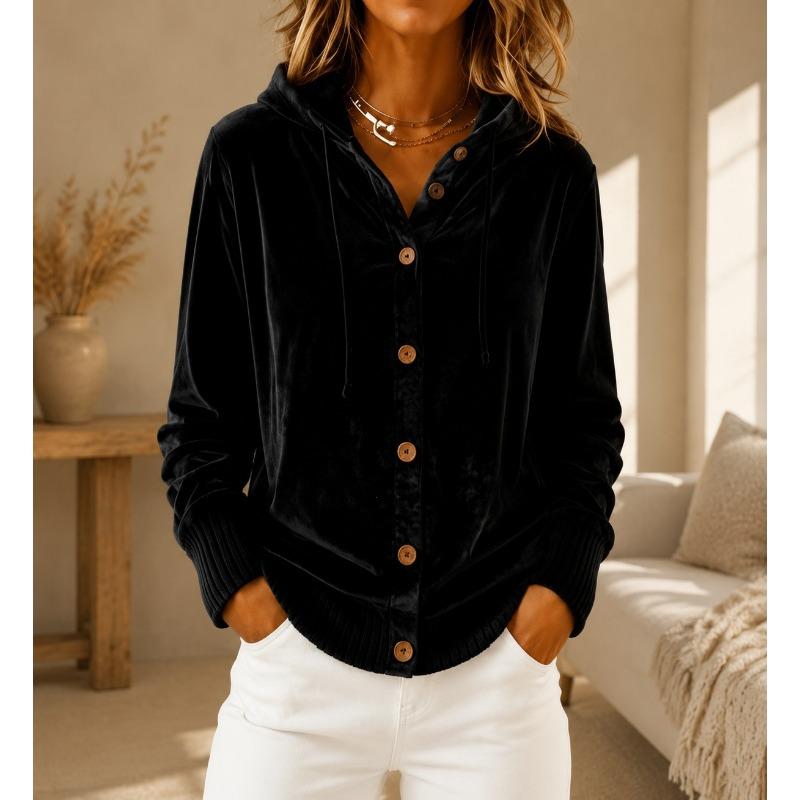 Velvet Hooded Button Cardigan Coat Solid Color Long Sleeve