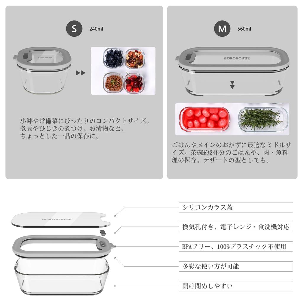 BOROHOUSE Glass Storage Set X 1 X and Freezer Silicone Airtight Lunch Box Set Lunch and Cleaning Perfect for Baby Gray Heat-Resistant Containers,