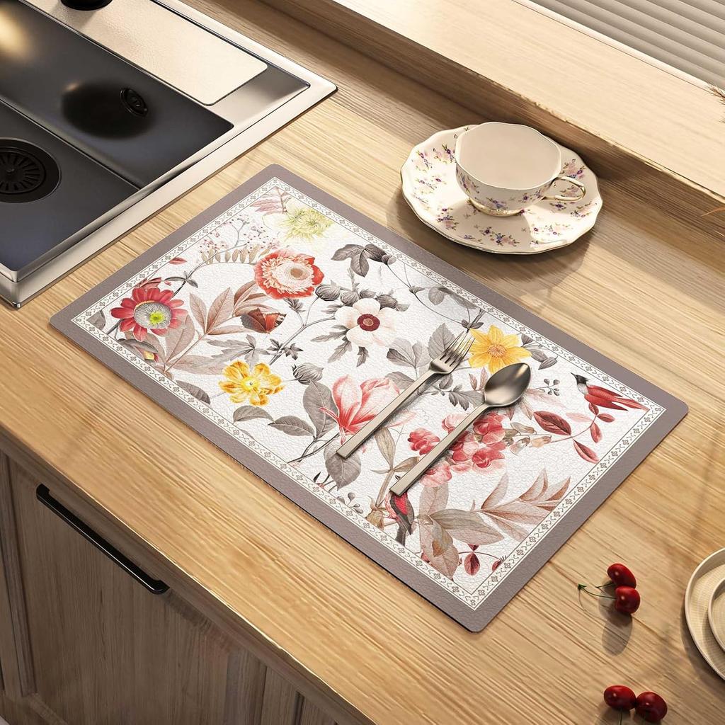 National Style Dish Drying Mat Absorbent Floral Coffee Rubber Backed Soft Silicone Bird Kitchen Draining for Bathroom Bar