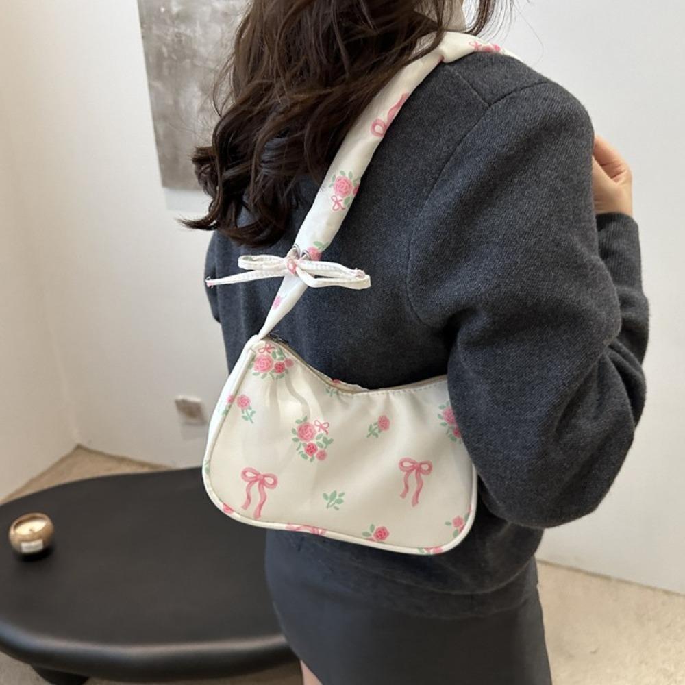 Sweet Flower Pleated Underarm Bag Ruched Floral Shoulder Bag Simple Nylon Handbag  Woman