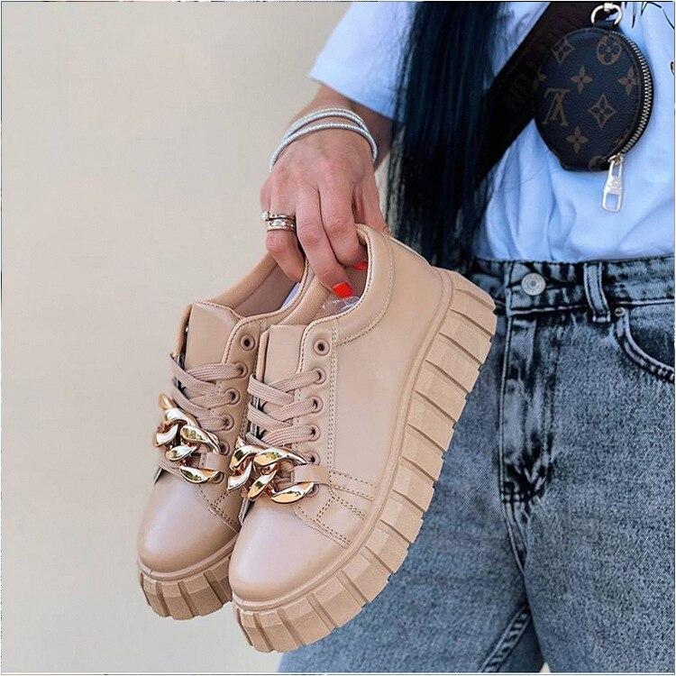 Chain Leather Upper Board Shoes Sneakers Large Size Women 'S Shoes Flat Single Shoe Four Seasons Strap Casual Shoes 41 -43