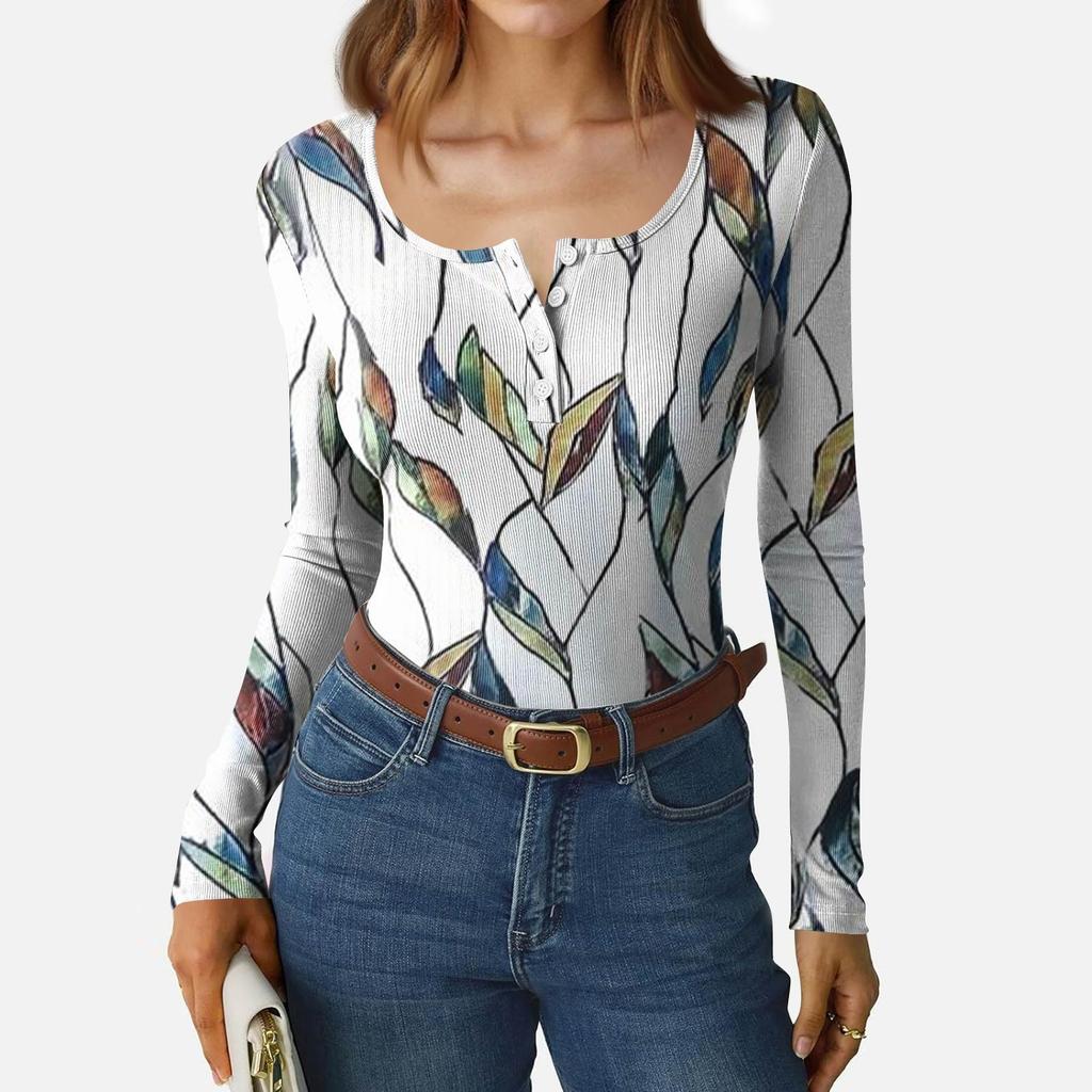 Women's Slim Bottom T-shirt Fashion Casual Gradient Printing Round Neck Pullover Long Sleeve Top