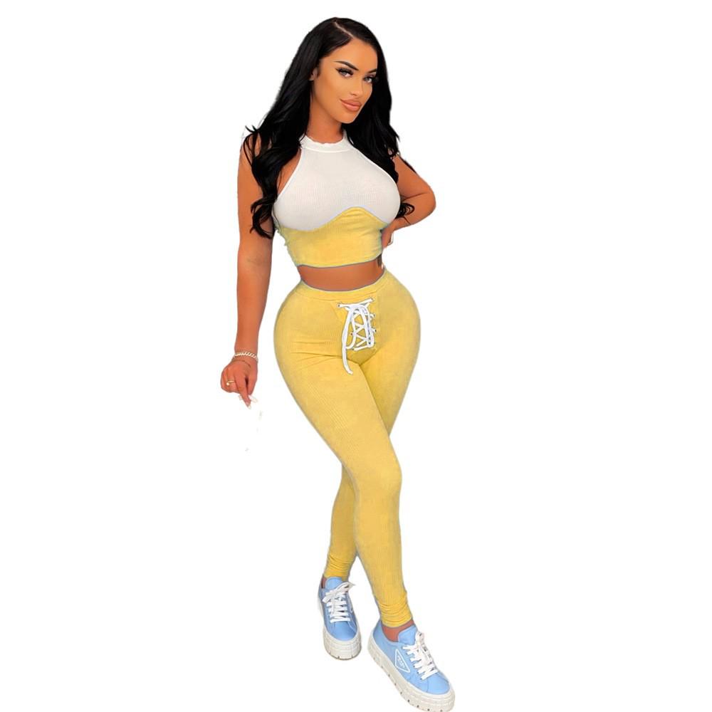 Women's European & American Sexy Ribbed Two-Piece Set: Round Neck Vest & Tie Pencil Pants