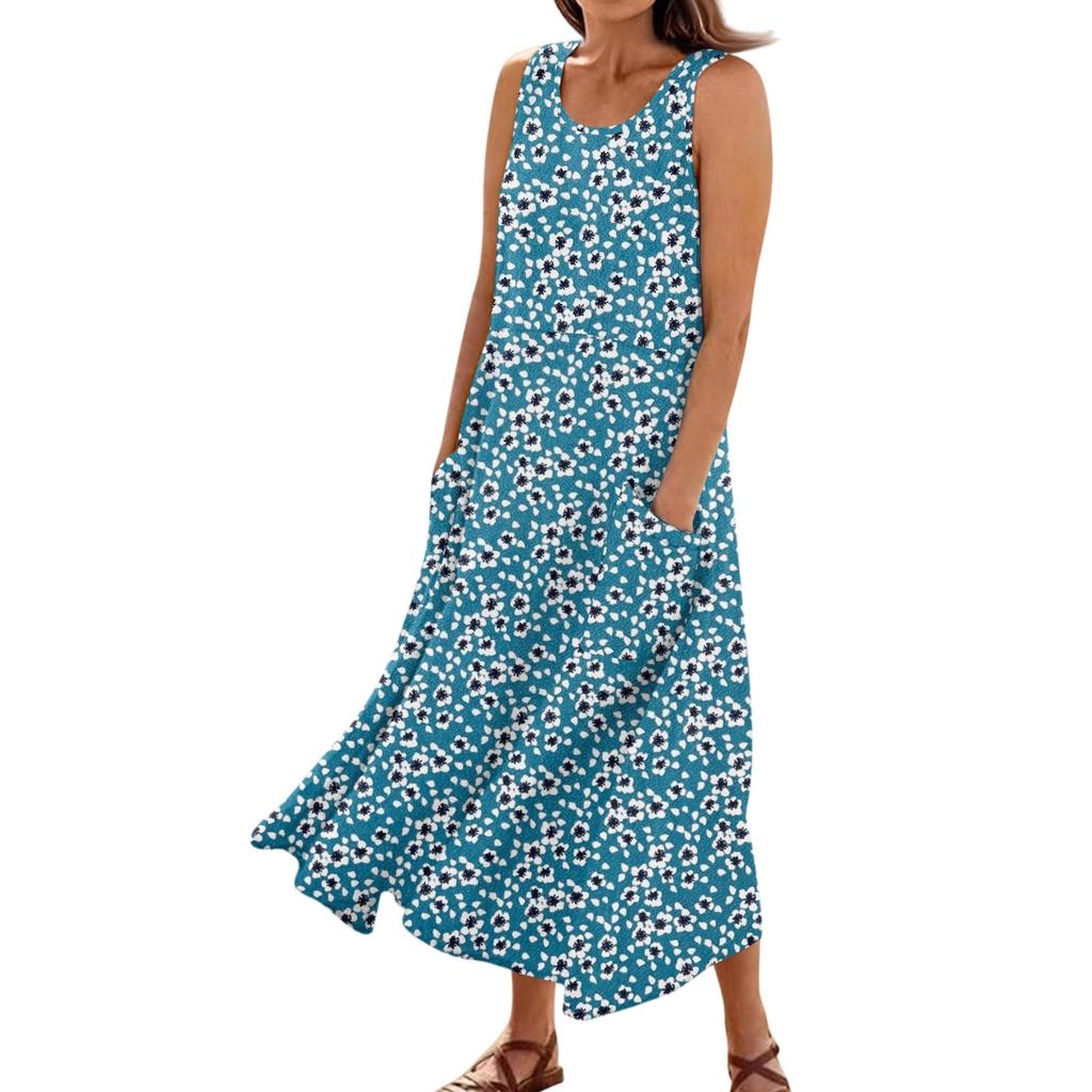Women's Summer Casual Fashion Flower Printed Sleeveless Pocket Dress