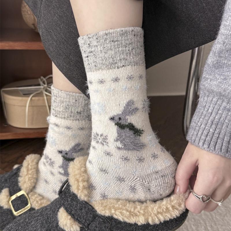 Christmas Snowflake Cartoon Wool Socks Vintage Mid-Leg Socks Thickened And Warm