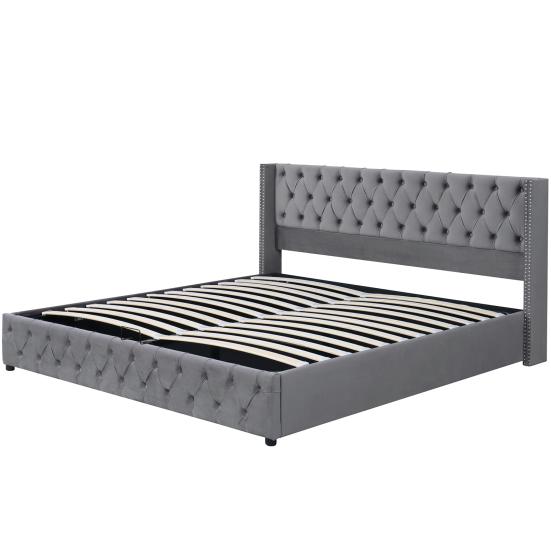 Upholstered Bed with Ear Shape, Double Row of Rivets, Flannel, Button Stitching at Head And Foot Ends, Double Bed 180x200cm Hydraulic Functional Bed,