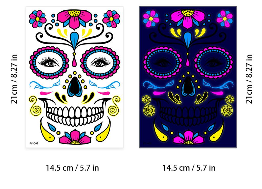 Halloween Fluorescent Stickers Funny Arm Ghost Face Waterproof Tattoo Stickers Women Men Party Supplies Masquerade Cosplay Props