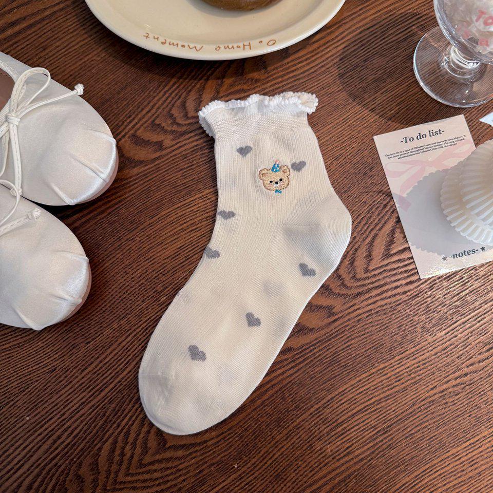Korean Style Thin Cartoon Puppy Embroidered Mid-Calf Socks for Girls - Breathable Mesh, Seamless Ruffle Design