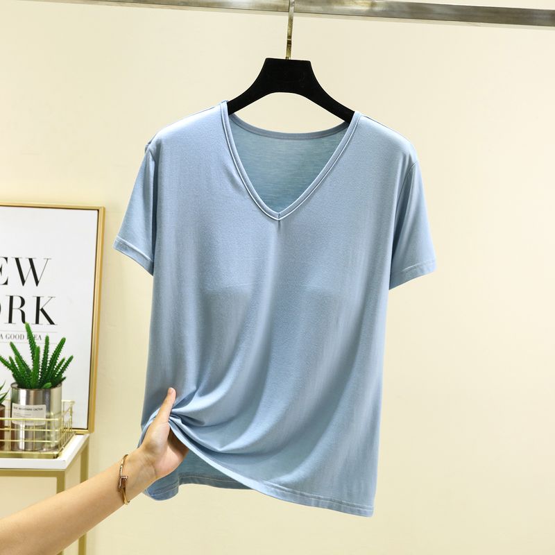 

Модальная футболка с V-образным вырезом, с нагрудными подушечками, с коротким рукавом, женская, летняя, тонкая, для ношения под одеждой, однотонная, бесшовная, майка, повседневный топ Blue XL (55.00 kg-70.00 kg recommended