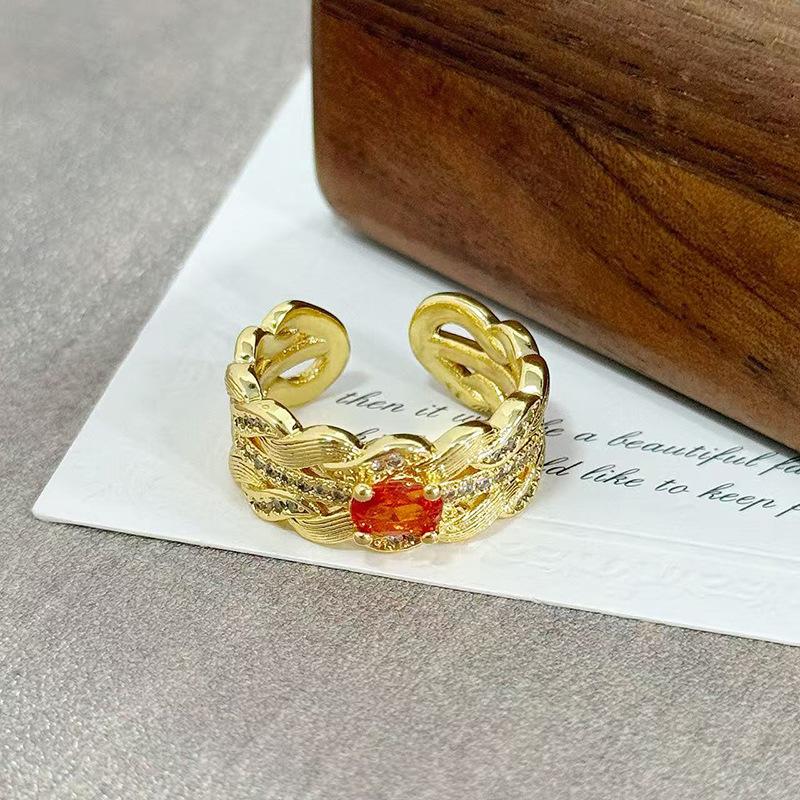 Medieval Vintage Orange Red Zircon Inlaid Simple Open Ring Female Retro Flower Temperament Niche Index Finger Ring