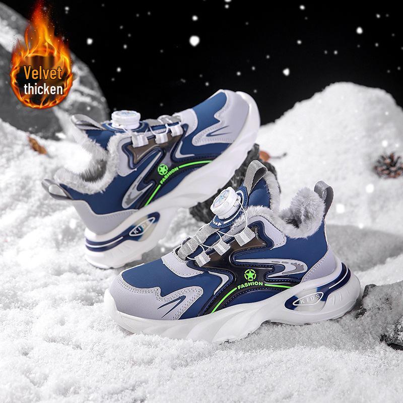 2025 Winter Boys' Leather Sports Shoes - Velvet Lined, Big Cotton, Student Running Shoes