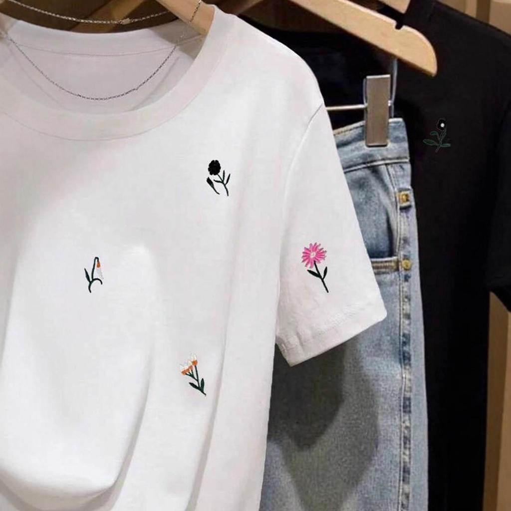 Women's White Cotton T-shirt with Artistic Floral Print