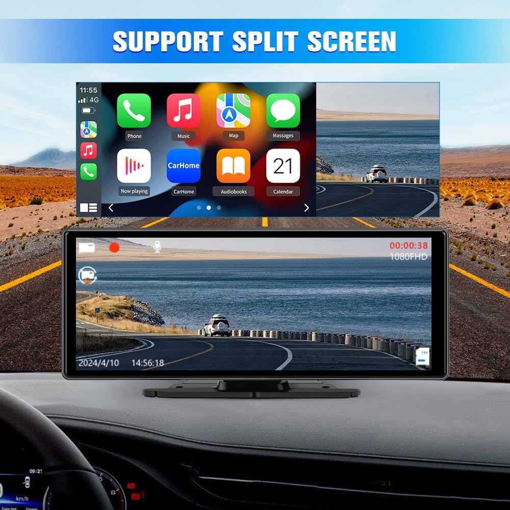 10.26' CarPlay Screen with 4K Dash Cam & 1080P Backup Camera, Supports CarPlay/Android Auto, GPS, Bluetooth