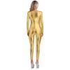 Womens Metallic Bodysuit Shiny Unitard Long Sleeve Round Neck Full Coverage Slim Fit Dance Performance Wear