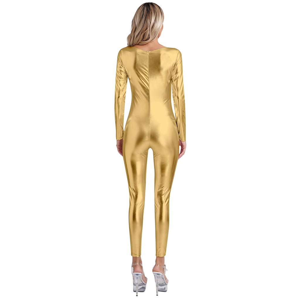 Womens Metallic Bodysuit Shiny Unitard Long Sleeve Round Neck Full Coverage Slim Fit Dance Performance Wear