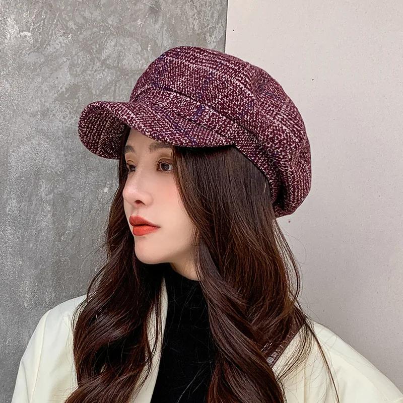 Women's Vintage Octagonal Beret, Newsboy Hat, Casual Imitation Woolen, Plaid, New Fashion, 2024