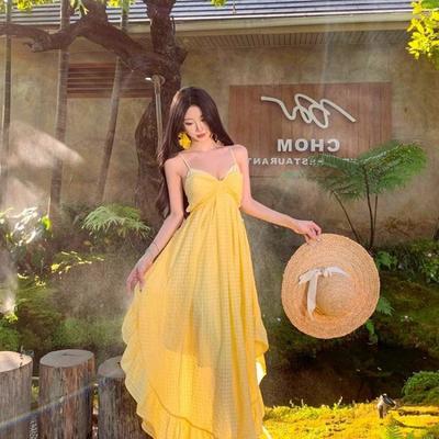Pure Desire Retro Design Irregular Tube Top Halter Yellow Suspender Long Dress Holiday Wind Seaside Fresh Beach Skirt Women