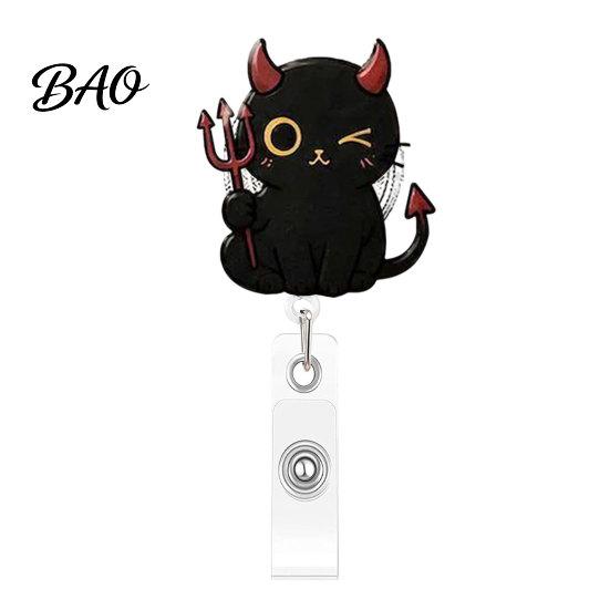 Cute Black Cat Id Card Reel Halloween Pumpkin Badge Reel, Retractable with 360 Degree Rotating Clip, Work for Nurses Acrylic Decorative ID Holder And