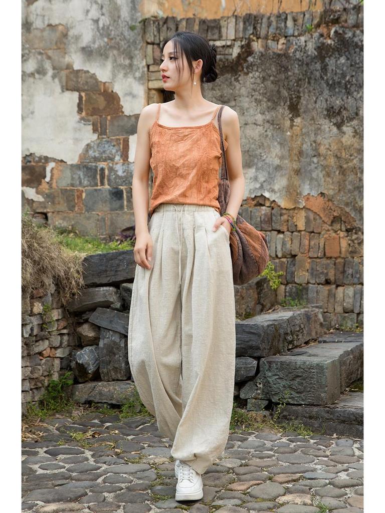 2025 Women's Summer Cotton Linen Ramie Sand-Washed Drawstring Lantern Pants - Distressed & Versatile