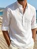 Men's Textured Band Collar Popover Shirt with Roll-Up Sleeves and Button Placket - Lightweight Summer Vacation Casual Top for Men.