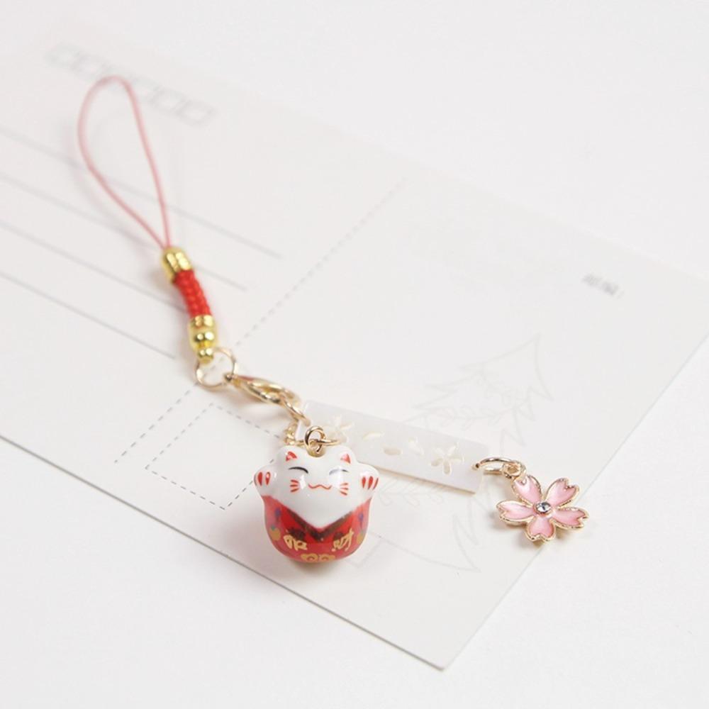Ceramics Sakura Lucky Cat Phone Lanyard Braided Rope Lucky Cat Keychain Wrist Rope Cherry Blossoms Japanese Style