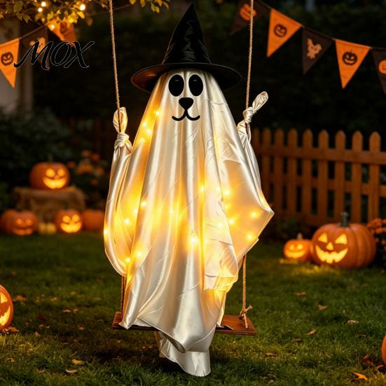 Glowing Ghost for Terrace 1.2/1.8M Hanging Dog on Swing, LED Light Up Cute Puppy Spooky Halloween Party Supplies Swing Ornament Tree, Porch,