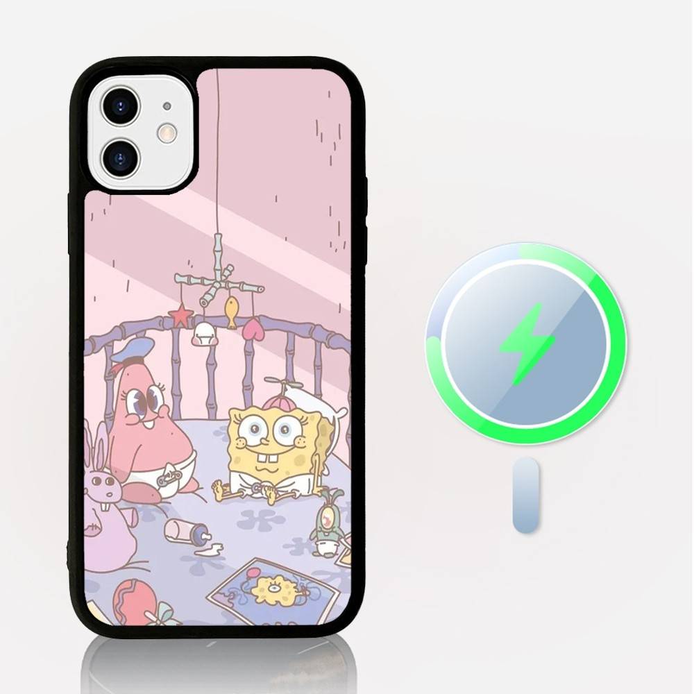 S-Spongebob Fun Cartoon Phone Case Magnetic Case For IPhone 16 14 13 12 11 15 Pro Max Plus For Magsafe Wireless Charge Cover