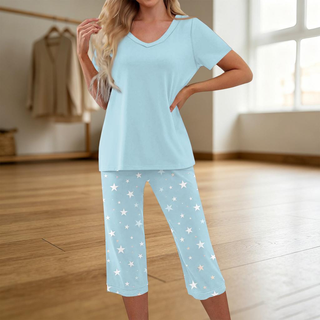 Women's Printed Short Sleeve Pajama Set - Casual Two Piece Sleepwear with Pants